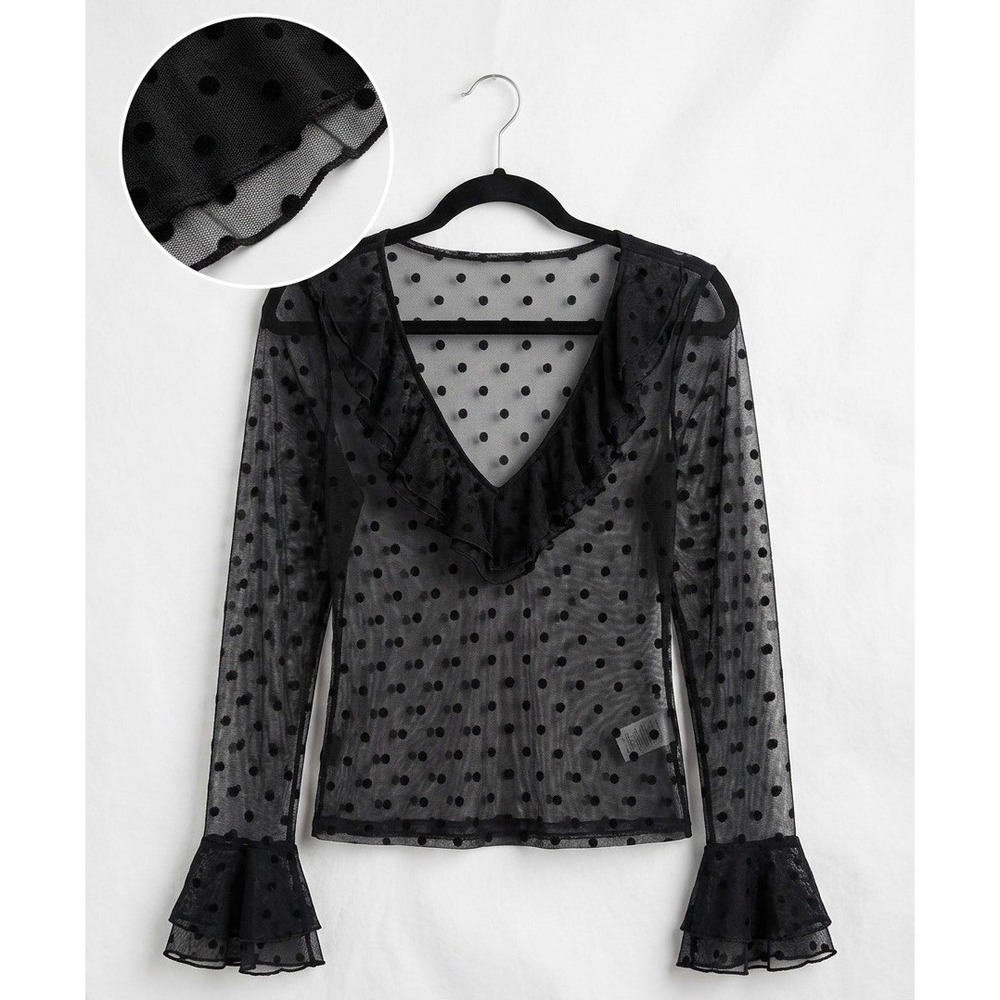 Black Sheer Ruffle Mesh Top Velvet Polka Dot - Romantic/Goth - Size SMALL NWOT